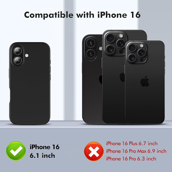 Silikonikuori Yhteensopiva iPhone 16 Kuoren Kanssa Pehmeä Erittäin Ohut Suojaava Iskunkestävä Nestemäinen Silikonipuhelinkuori, 6.1\" Keskiyön Musta