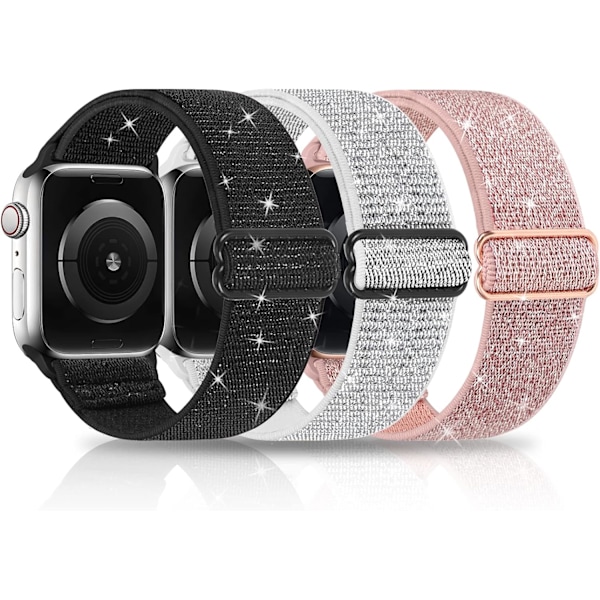 Joustava Nylon Bling -hihna Apple Watch -kellolle 38mm 40mm 41mm, säädettävä elastinen urheilullinen Solo Loop -hihna naisille ja miehille, 3 pakkausta 38/40/41mm