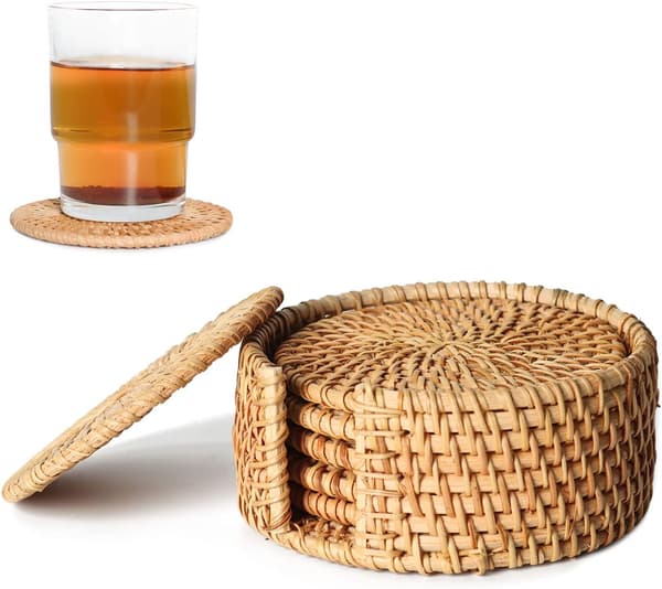 Ulable Sæt med 6 Rattan Vævede Kop Måtter Håndlavet 4 * 4 tommer Brun