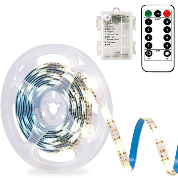 3m Batteridrivna LED-slingor med Fjärrkontroll, Vattentät, 8 Lägen, Dimbar, Timer, Självhäftande Klippbar (Kallvitt)