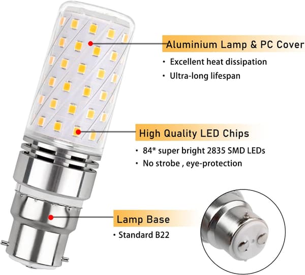 B22 LED-lampa, majstyp, 16W, kallvit, 6000K, 1450 lm, 230V AC, bred bajonettbas, ej dimbar, 2-pack