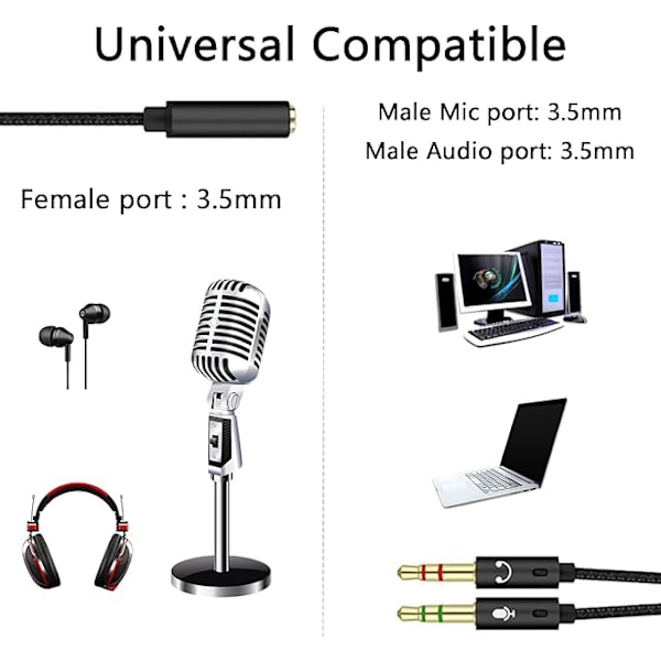 3,5 mm stereo-lydjackadapter, headset-mikrofon Y-splitteradapter, til pc PS4 Xbox One-computer, hovedtelefon - 0,5 m