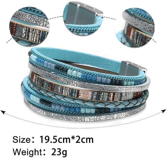 Læder Wrap Armbånd til Kvinder, Boho Leopard Multi-Layer Krystal Perler Manschet Armbånd Smykker blue