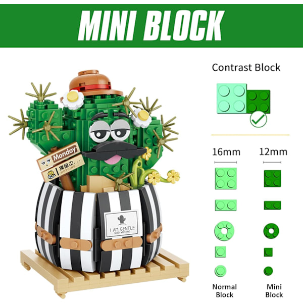 Mini Kaktus Bonsai Byggstenar Set, Konstgjorda Blommor Bukett Växt Byggstenar Leksak (Kaktus)