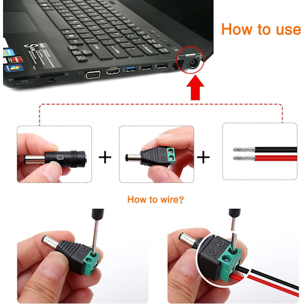 8-i-1 DC Strømadapter til Laptop, 5.5x2.1mm Hun til Han Adapter med DC Han- og Hun-stik
