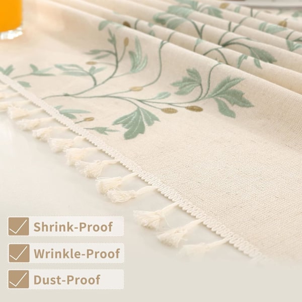 Rektangulær duk i bomullslin med dusker, støvtett, vaskbar, beige, med grønne broderte blader (140x220 cm)