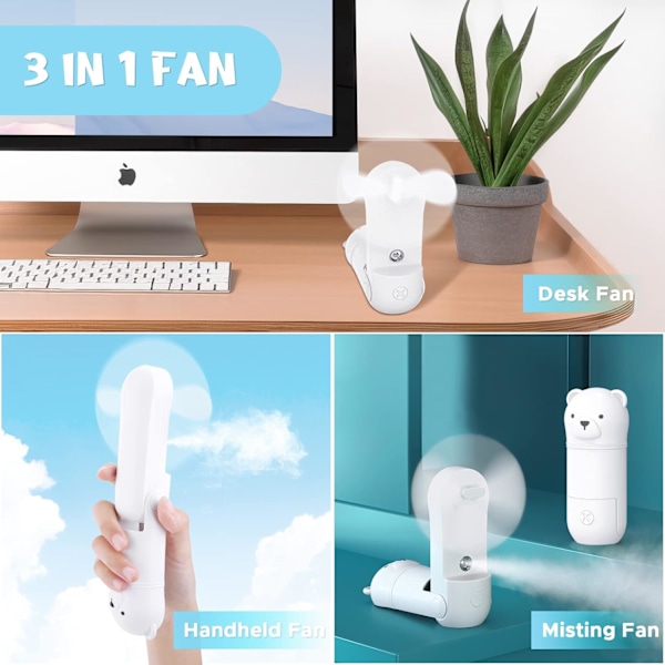 Kannettava kädessä pidettävä tuuletin, mini käsituuletin vesisuihkeella, kokoontaitettava tuuletin USB-ladattavalla akulla, taskukokoinen tuuletin 3 nopeudella White