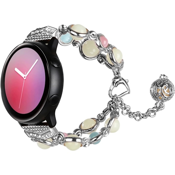 Pärlband för Mode Kompatibelt med Samsung Galaxy Watch Active 2/Galaxy Watch, Elastiskt Pärlband med Nattlysande Pärlor för Flickor, Silver