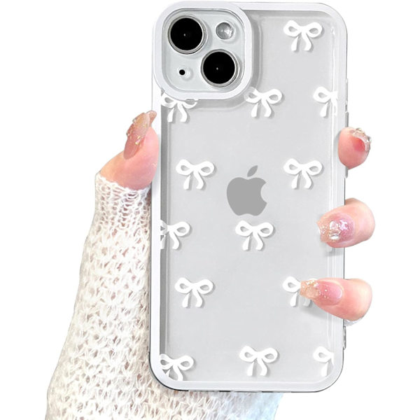 iPhone 15 -kotelo, kirkas söpö rusettinauhakuvio, esteettinen läpinäkyvä puhelinkotelo, korotettu kamerasuoja, tyylikäs ohut - valkoinen