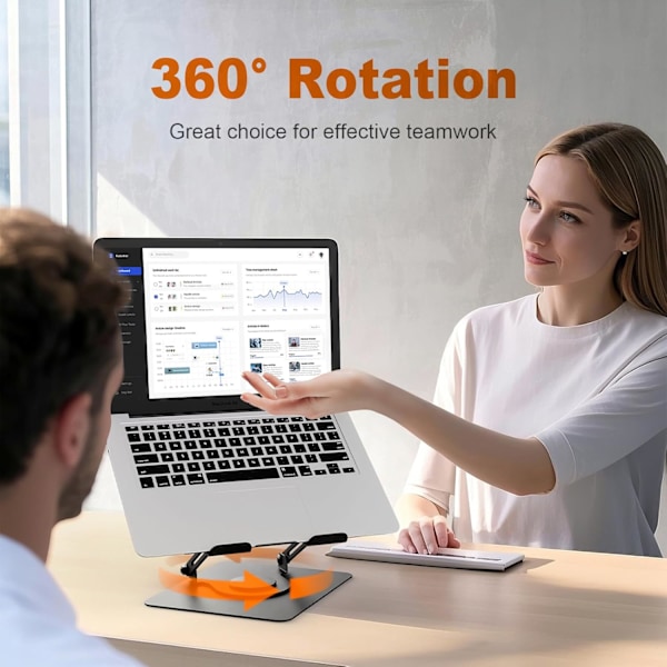 Laptopstativ for skrivebord, sammenleggbart laptopstativ med 360° dreibar base, justerbar høyde og vinkel, ventilert datamaskinholder kompatibel