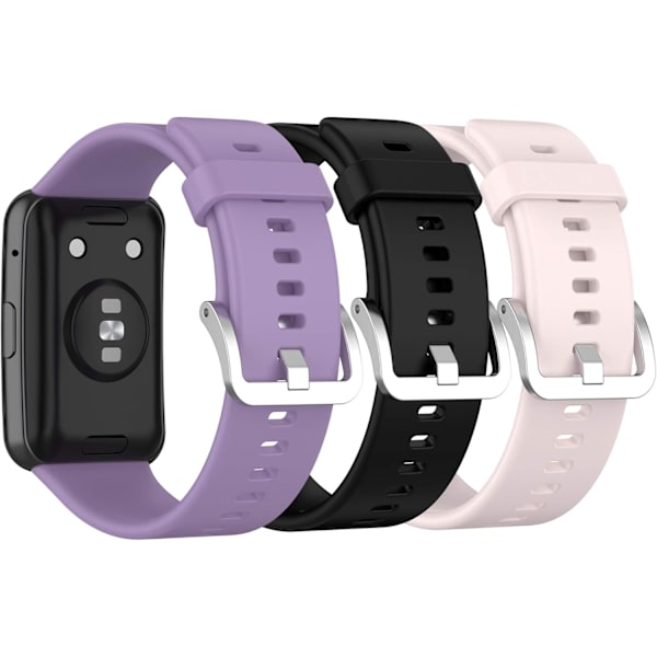 (3-pak) Remme Kompatible med Huawei Watch Fit Rem, Blød Silikone Sports Udskiftningsfarvet Bånd til Kvinder Mænd (Sort+Pink+Lilla)