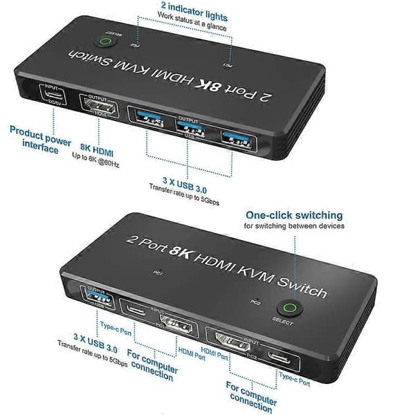 2 Port 8K HDMI KVM Switch 2 ind 1 ud 8K@60Hz 4K@120Hz