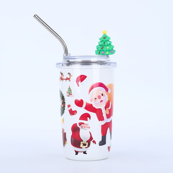 460ML Julvattenkopp Julresekopp 3D Jultomte Julgran Rostfritt Stål Termosmugg för Julfester Kaffe, Te, Smoothies