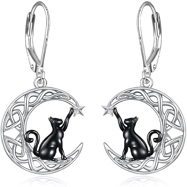 925 Sterling Silver Keltiska Måne Katt/Ko/Stjärna Leverback Örhängen Katt Djur Smycken Födelsedagspresenter för Kvinnor Flickor