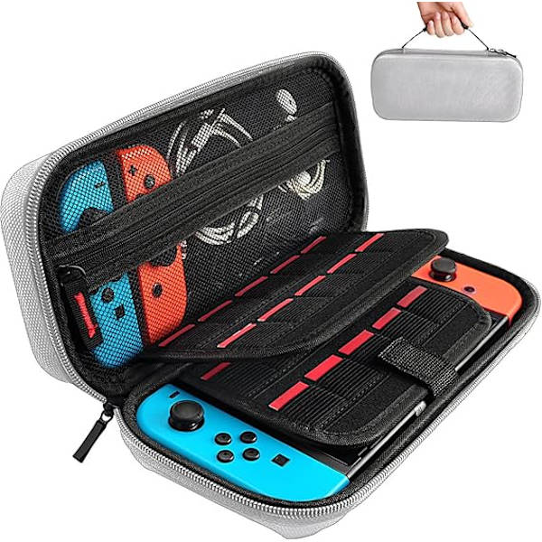 Switch-kotelo - Kantolaukku 20 pelikasetille, Nintendo Switch -konsolille ja -tarvikkeille, harmaa