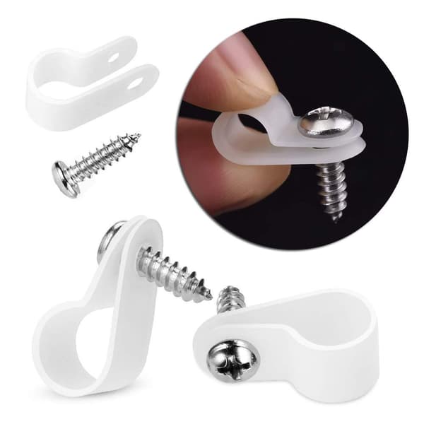100-pack 6,4 mm R-typ kabelklämmor i vit nylon med skruvar