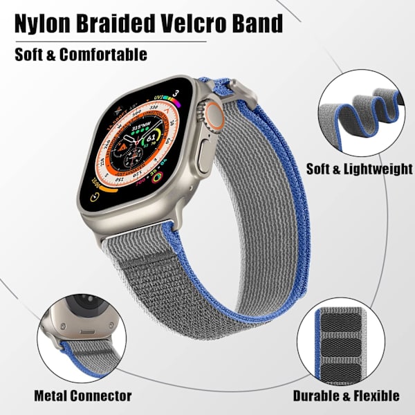 Apple Watch Rem 42mm 44mm 45mm 49mm, Blød Nylon Flettet Velcro Loop til Apple Watch Ultra 2 Ultra Series 9 8 7 SE 6 5 4, Blå/Grå
