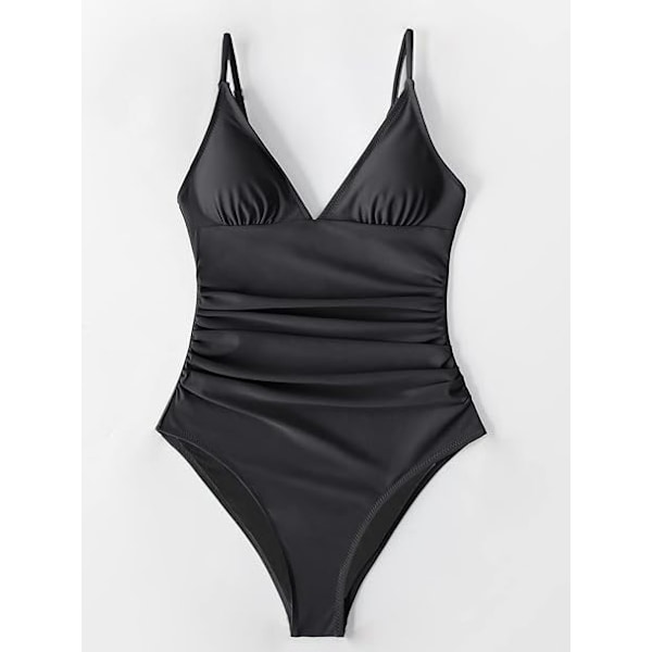 Dame Badedragt Heldragt V-hals Mavekontrol Rynket Front Lav Ryg Badedragt Badetøj - Sort - Størrelse XL black XL