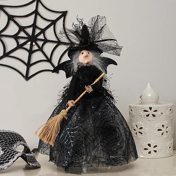 Heksedukker med kosteskaft, skræmmende cylinderhat til Halloween-træ, trætop og dukker