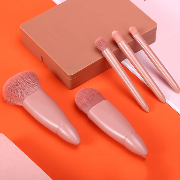 5 stk. Bærbare Makeupbørster, Premium Syntetisk Børste med Spejlæske Makeupbørstesæt til Rejser, Daglig Brug, Date, Scene Touch-up