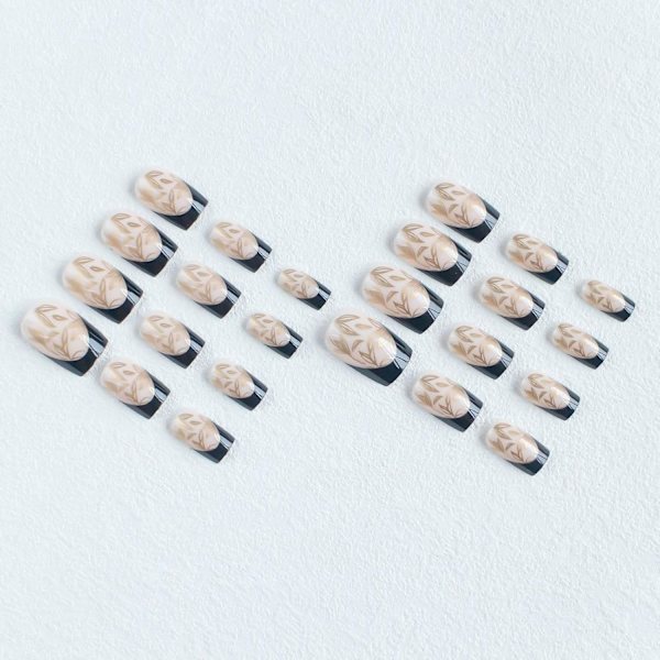 Mustat Ranskalaistyyliset Liimatut Kynnet, Liimatut Kynnet Neliömäiset Tekokynnet Akryyliset Väärennetyt Kynnet Kuvioilla Kulta Lehti Kiiltävät Tekokynnet, 24kpl