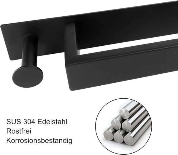 Håndkleholder - Selvklebende 40cm Håndklestang Rustfritt Stål Håndklestativ med Kroker