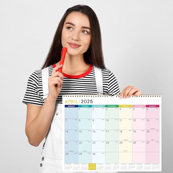 2025 Kalender, från januari 2025 till december, 37 x 29 cm, Dubbel Bindningskrok, Stor Blandad Färg Höger Vinkel Block