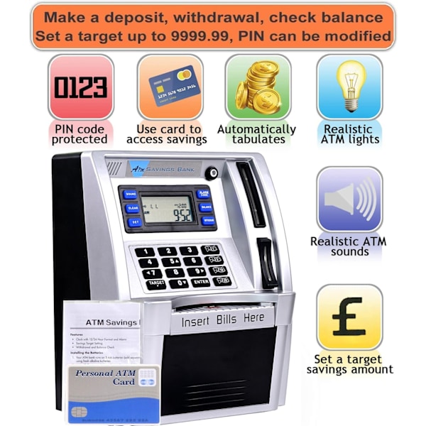 Pounds Version Elektronisk ATM Opsparingsbank Digital Pengeboks Maskine, Elektronisk Pengekasse, Stemmeprompt, Møntgenkendelse Silver black