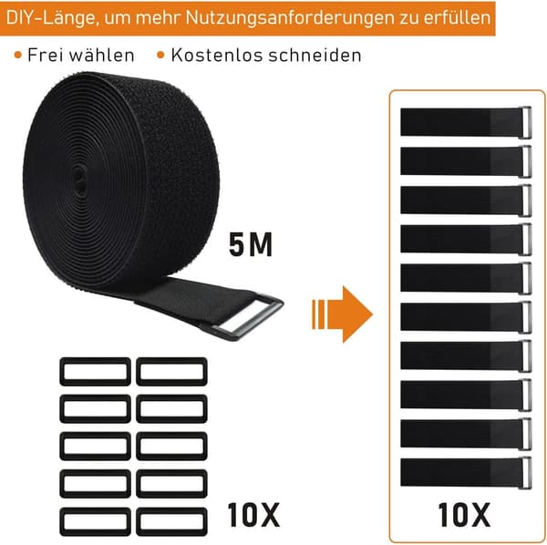 Justerbare kabelbindere, 5m x 5cm, med 10 løkker, genanvendelige, sorte, med velcrolukning.