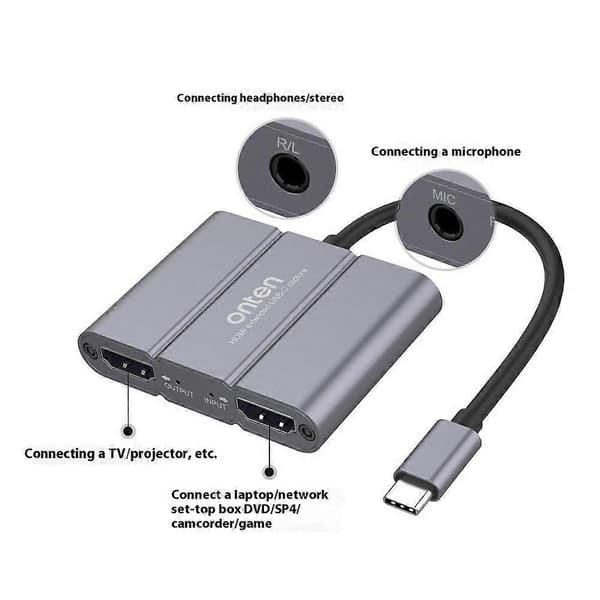ONTEN UC316 Type-C - Kaksois-HDMI-videokaappauskortti, audio sisään- ja ulostuloadapteri