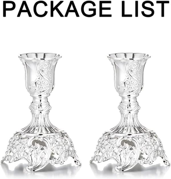 Sølvbelagte Lysestaker Sett med 2 Metall Koniske Lysestaker, Ornamenterte Lysestaker for Shabbat Koniske Lys