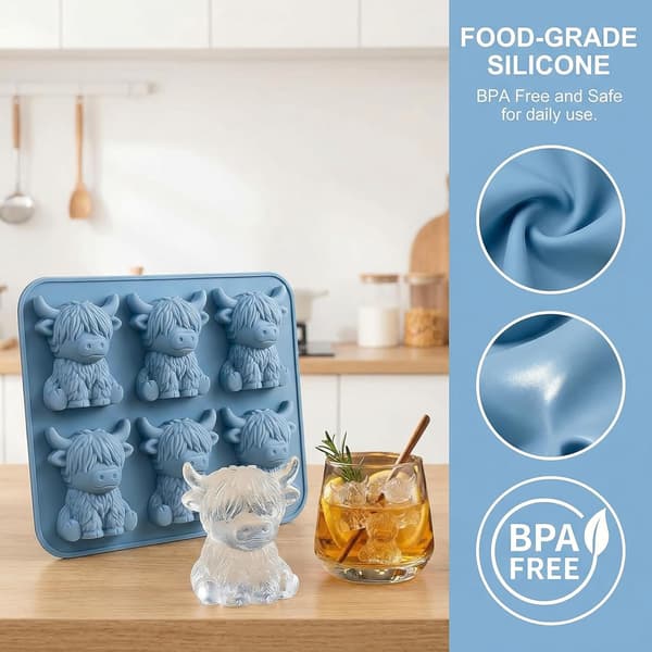 Silikonisbitform, 3D Mini Highland Cow isbitform, Ideell for whisky, cocktailer, sjokolade og godteri