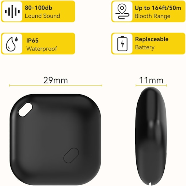 Nyckelfinnare, Plånboks Tracker Fungerar med Apple Hitta Min (endast iOS), Utbytbar Batteri, Vattenresistent, Bluetooth Objektfinnare (Svart, 2 Pack)