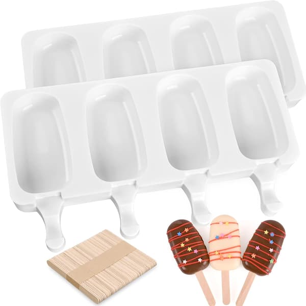 Popsicle Silikoneforme Sæt, 2 STK Isforme med 50 Træpinde til Cake Pop, Is, Cakesicles, (Standard Størrelse/Hvid)