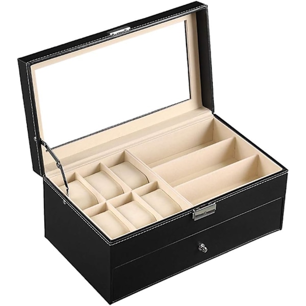 Læder 6 Ur Boks Smykkeskrin og 9 Dele Brilleopbevaring og Solbrille Brille Display Skuffe Låsbar Etui Organizer, Sort