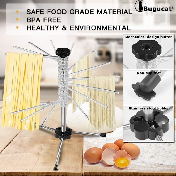 Pastatork, 14 Utdragbara Pinnar, Inbyggd Bärstång, Hopfällbar - Spaghettitork