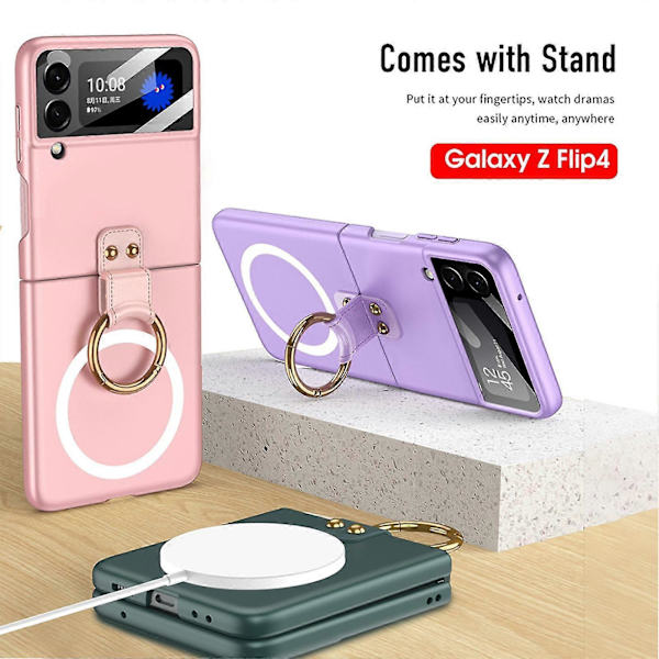 Magneettikotelo Yhteensopiva Galaxy Z Flip 4:n kanssa, kova PC-iskunkestävä suojus rengaspidikkeellä ja linssinsuojalla