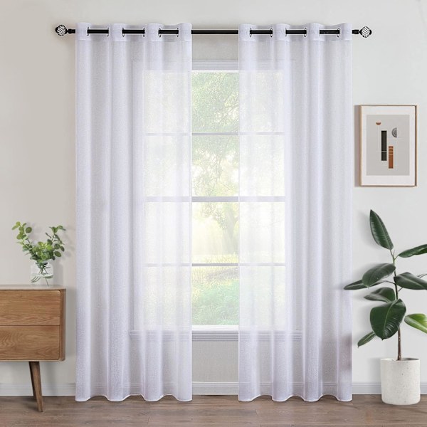 Sæt med 2 gardiner 140x260 cm Hvid Øjet Voile Semi-transparent Indvendig Gardin til Soveværelse Stue Hjem