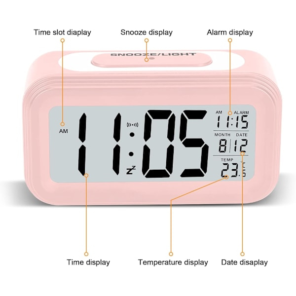 Väckarklocka 4,3\" LED-display, Digital väckarklocka med batteridrift, Snooze, Lätt att använda, Temperaturkalender, 12/24 timmar