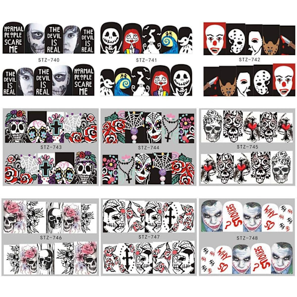 Halloween Nagelstickers Dödsdagens Vattenöverföring Nageldekaler 24 Ark Skalle Spöke Öga Hulk Clown Häxa Nagelkonst Dekaler