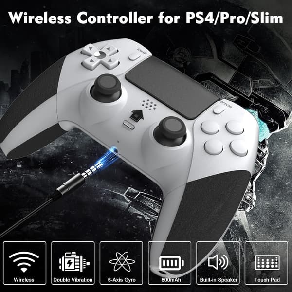 PS4 trådløs controller, kompatibel med PS4/Pro/Slim, med dobbelt vibration og seks-akset gyroskop-sensor - Hvid