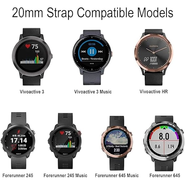 20 mm rem til Garmin Vivoactive 3/3 Music/Venu/Venu 2 Plus/sq/sq 2/Forerunner 245/645/55, blød silikone udskiftningsrem til ur
