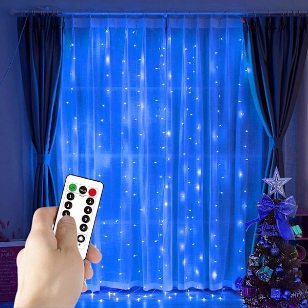 LED Gardinlampor Stränglampor, 3m × 3m 300 USB Fe-lampor 8 lägen med fjärrkontroll för (Blå)