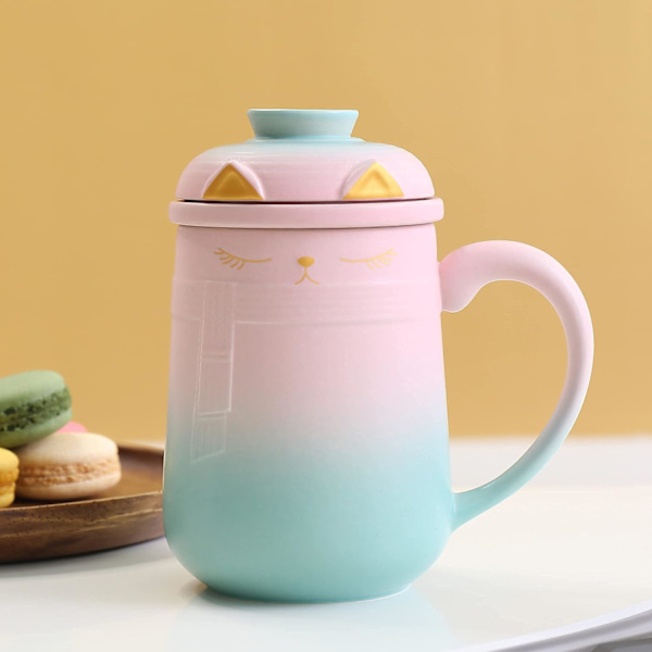 Keramisk Kat Te Infusionskrus med Låg, 460 ML / 16 Oz, Gradient Pink til Grøn, Katte og Te, Stort Japansk Keramisk Krussæt