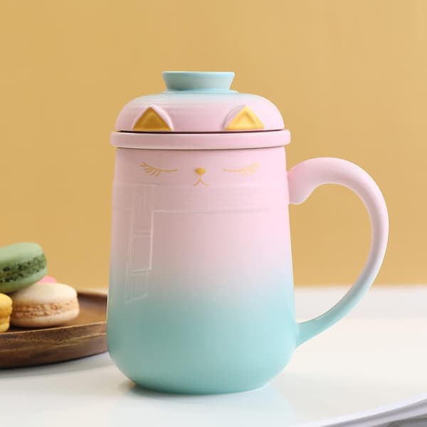 Keramisk Katt-Teinfuser Mugg med Lock, 460 ML / 16 Oz, Gradient Rosa till Grön, Katter och Te, Stor Japansk Keramisk Muggset