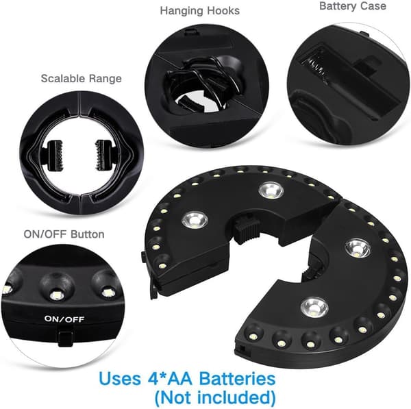 Varmt hvidt lys til parasol, 28 LED-lys, drives af 4 AA-batterier, til parasoller, campingtelte