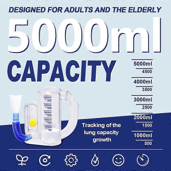 Pusteøvelsesapparat for lunger, dyp pustetrener, 5000ml