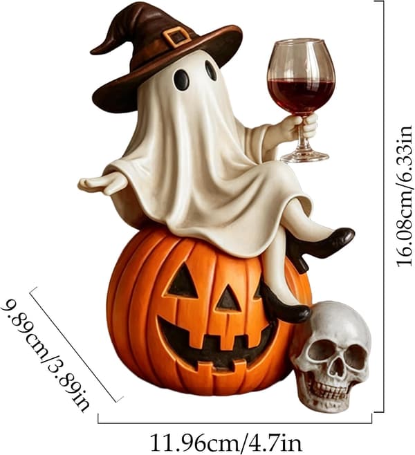 Sjov Halloween Dekorationsfigur, Heksespøgelse siddende på græskar, Efterårsornament til Halloweenfest