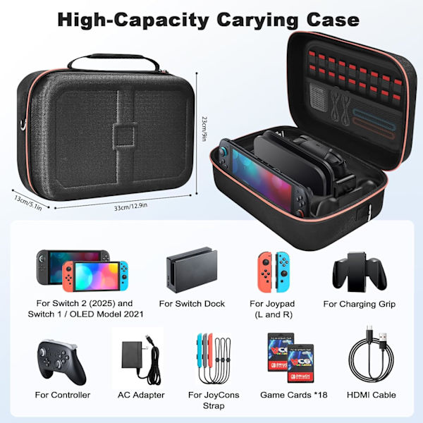 Beskyttelsesetui til Nintendo Switch 2/1/OLED, multifunktionelt etui til Switch 2, opbevaringsboks, sort.