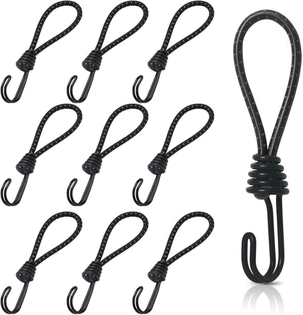 10 elastiske gummistrikker med spiralkroker, 16 cm lange, doble kroker, egnet for camping.